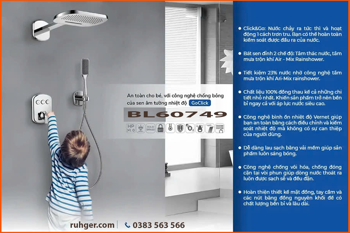 Vòi sen âm tường BL60749 thiết kế phong cách Châu Âu, mang lại vẻ đẹp sang trọng, hiện đại