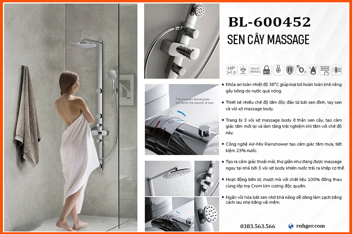 3 vòi xịt massage body trải đều trên thân sen tắm BL-600452