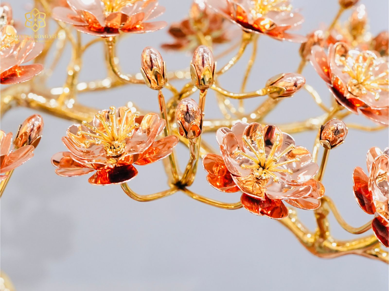 2 bông hoa đào cây đào Hồng Xuân mạ vàng 24K mix rose gold