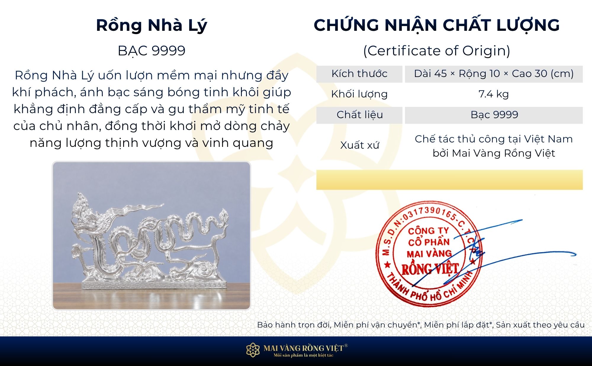 Chứng nhận chất lượng của Rồng Nhà Lý chế tác từ bạc 9999