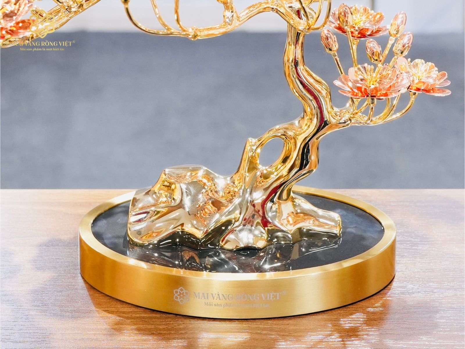 Đế đá thạch anh cây đào Hồng Xuân mạ vàng 24K mix rose gold