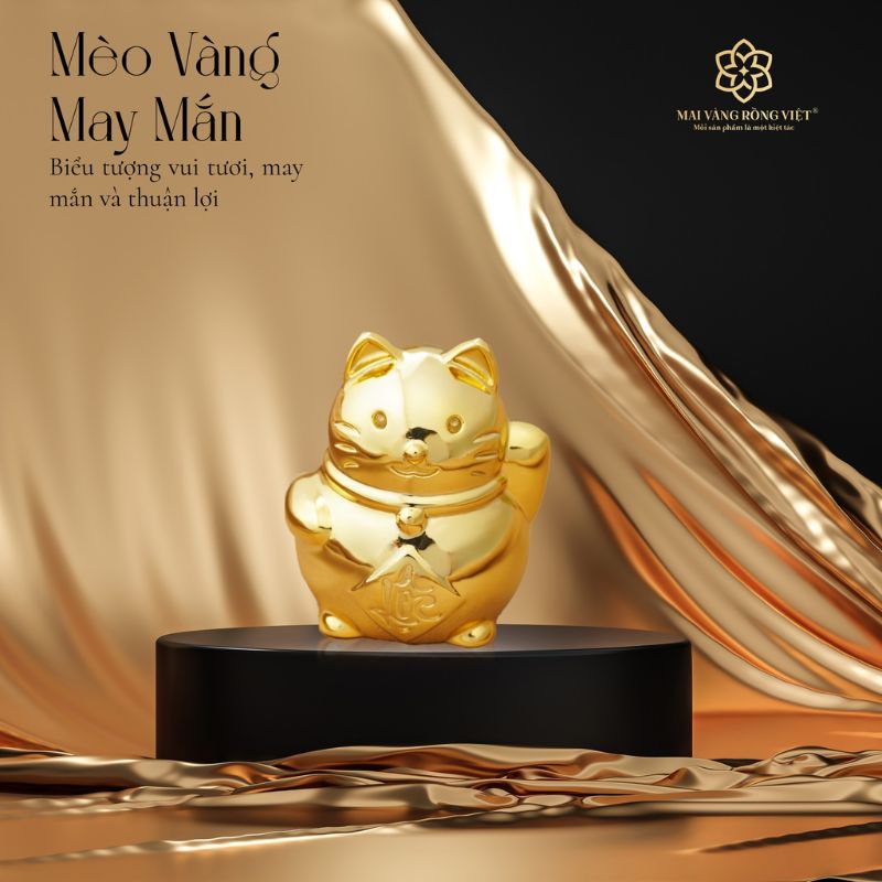 Tượng mèo thần tài mạ vàng 24k với nụ cười may mắn và cánh tay vẫy tài lộc