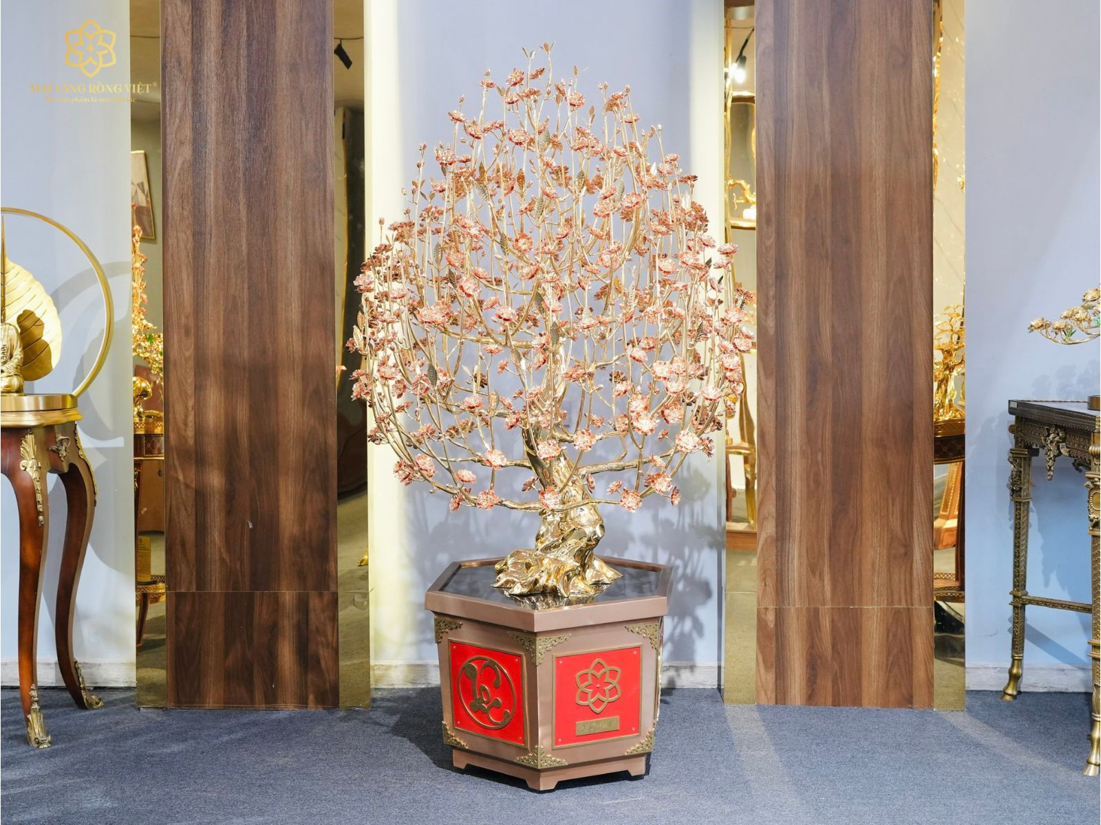 Thiết kế cây Đào Phước Lộc mạ vàng 24K mix rose gold cao 1m6