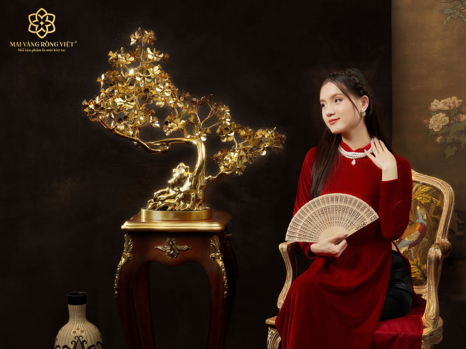 Thiết kế cây mai Long Thăng mạ vàng 24K cao 60cm