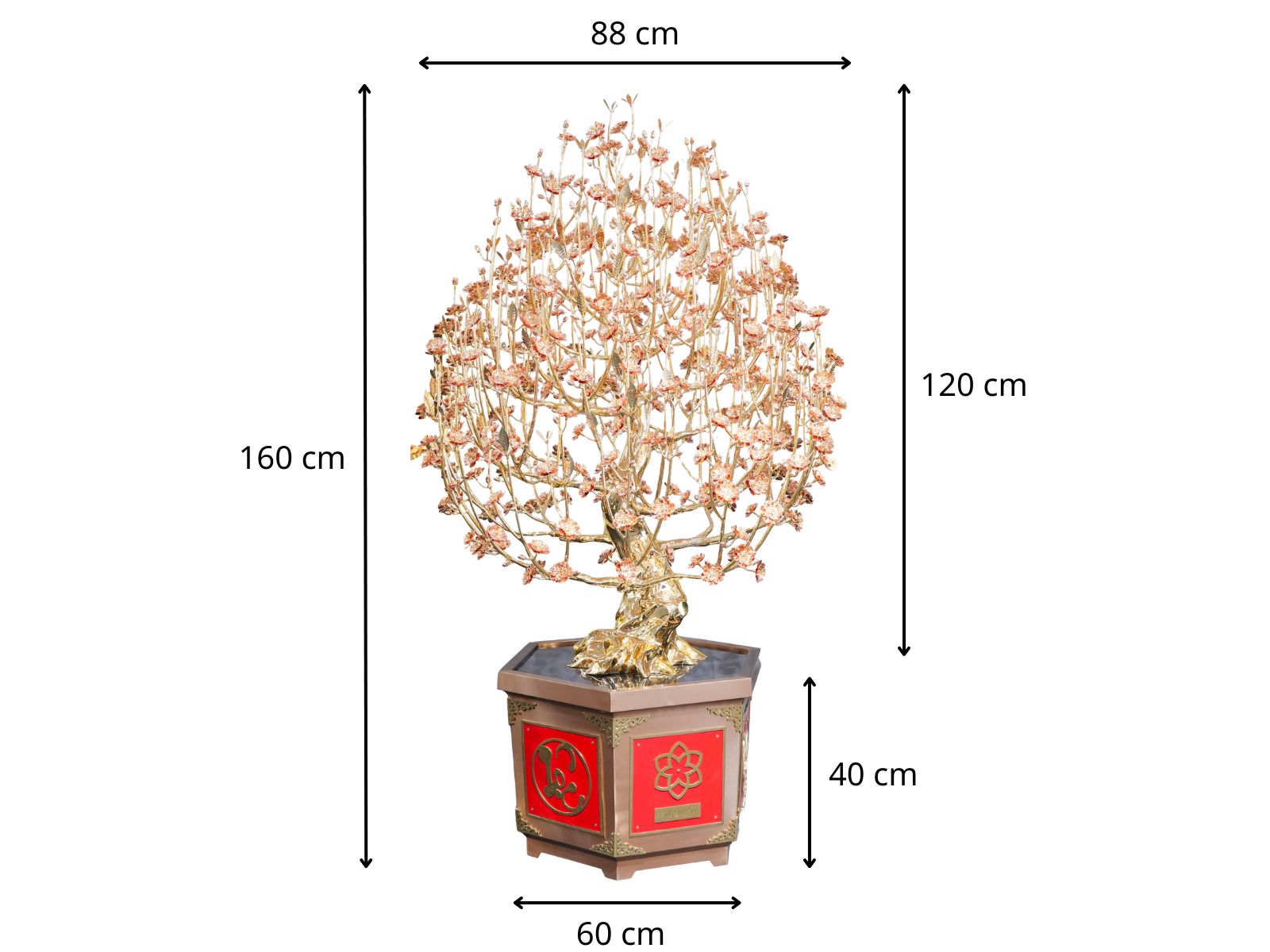 Thông số cây Đào Phước Lộc mạ vàng 24K mix rose gold cao 1m6