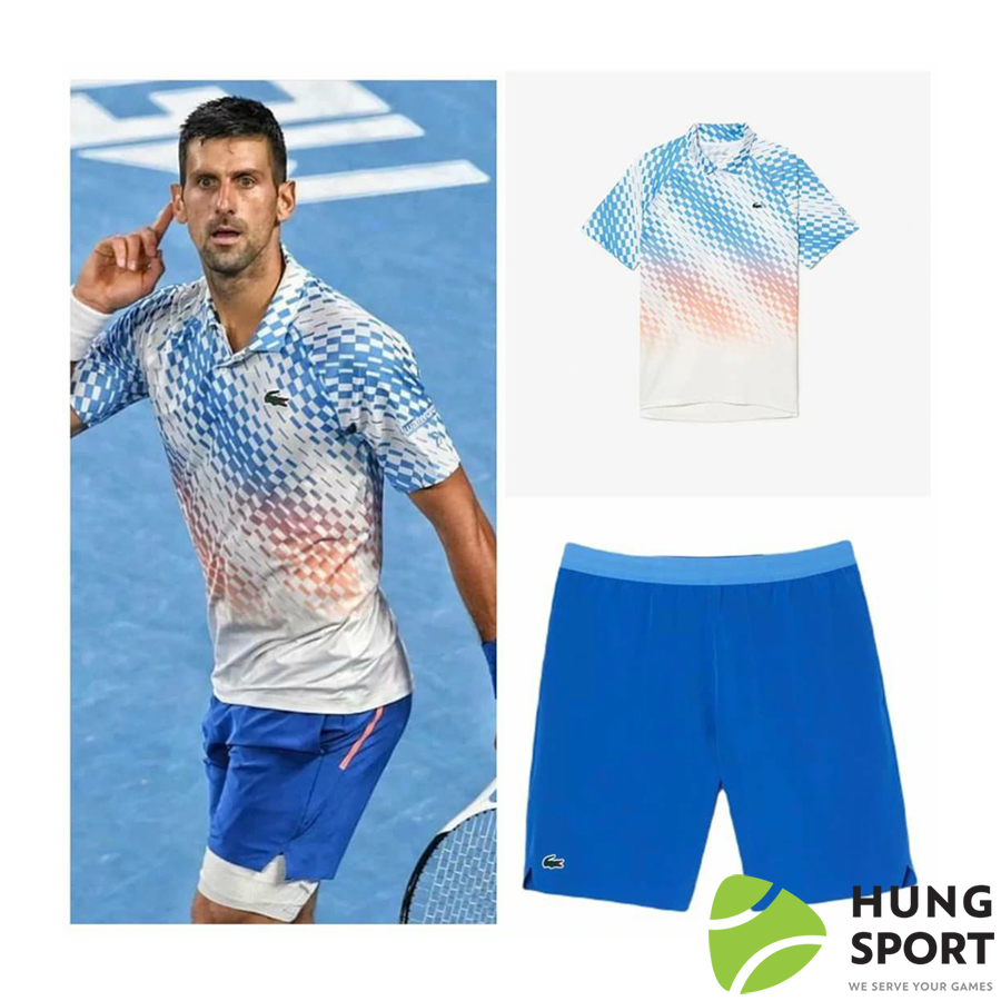 Bộ quần áo thể thao tennis SF Lacoste DJOKOVIC Polo Trắng Xanh Cam