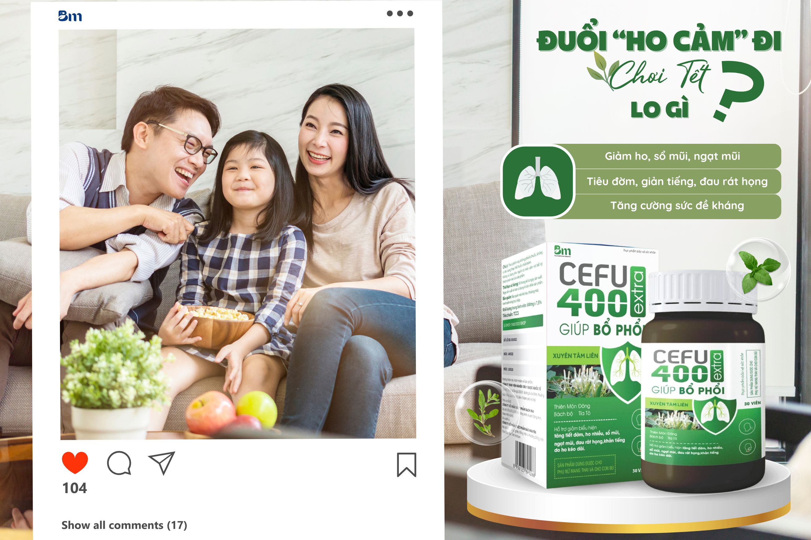 CEFU 400 Extra giúp bổ phế, hỗ trợ giảm các biểu hiện tăng tiết đờm, ho nhiều, sổ mũi, ngạt mũi