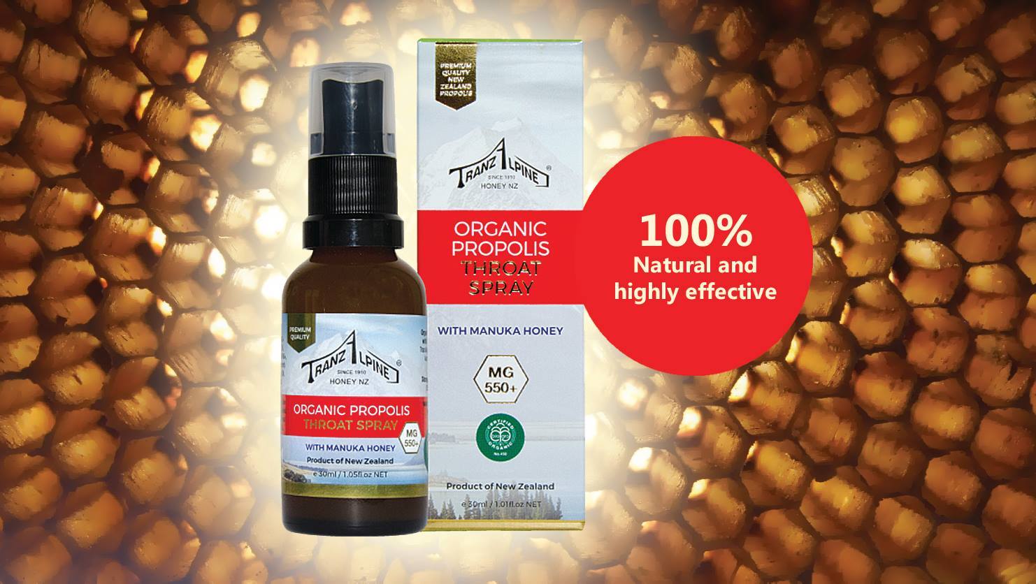 Xịt họng keo ong Organic Propolis Throat Spray with Manuka Honey MG550+