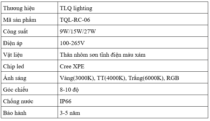 Thông số kỹ thuật Đèn Rọi Cột Cao Cấp TQL-RC06