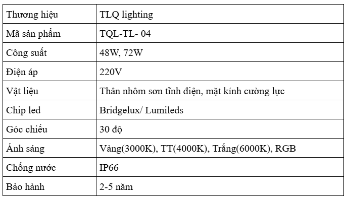Thông số kỹ thuật Đèn Thanh Led Hai Hàng TQL TL04