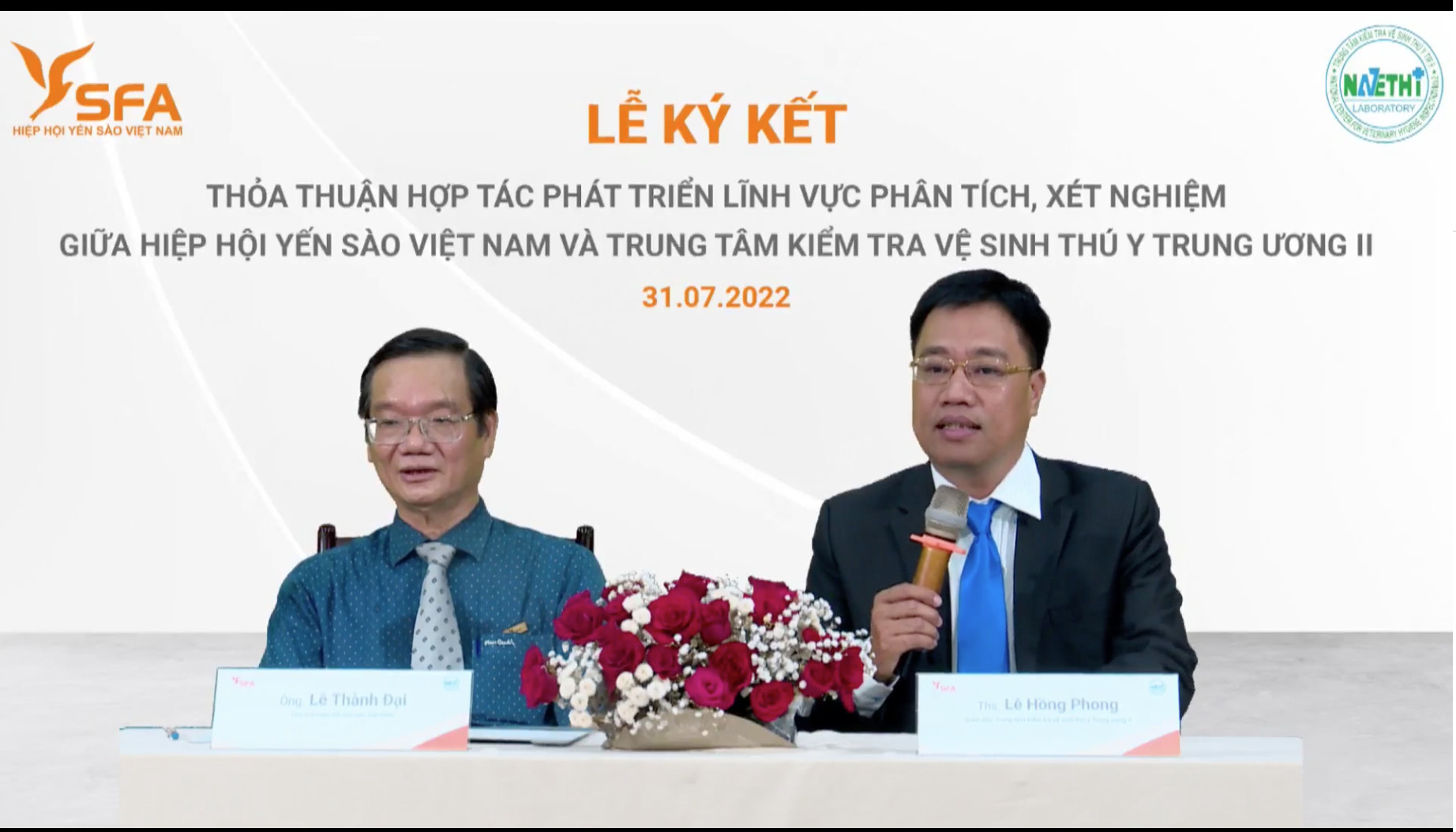 Ông Lê Thành Đại - Chủ tịch Hiệp hội Yến sào Việt Nam và Thạc sĩ Lê Hồng Phong - Giám đốc Trung tâm kiểm tra vệ sinh thú y Trung ương II