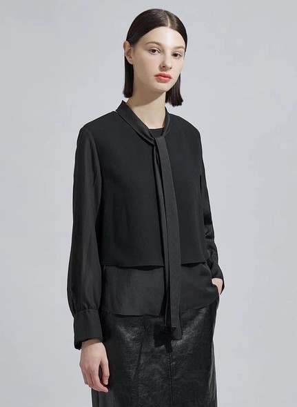 áo sơ mi cổ tròn nơ 2 tà màu đen