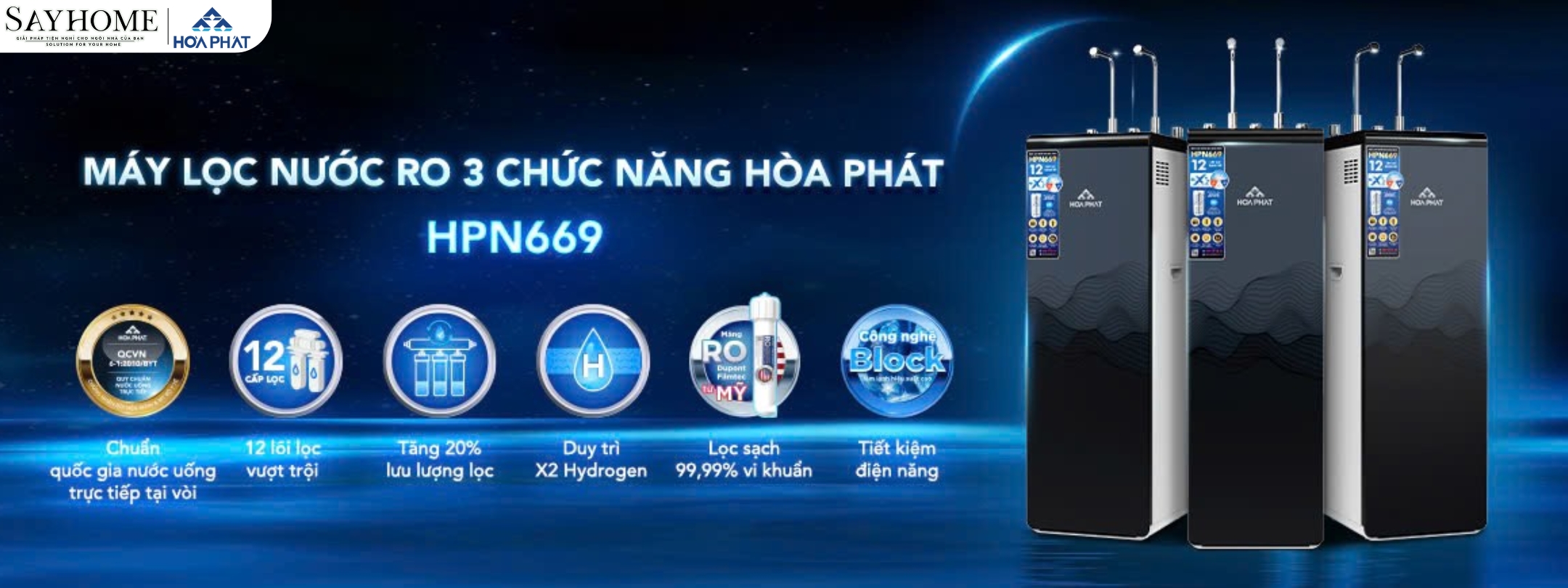 Máy lọc nước RO nóng lạnh tủ đứng Hòa Phát với 12 lõi lọc HPN669 SAYHOME