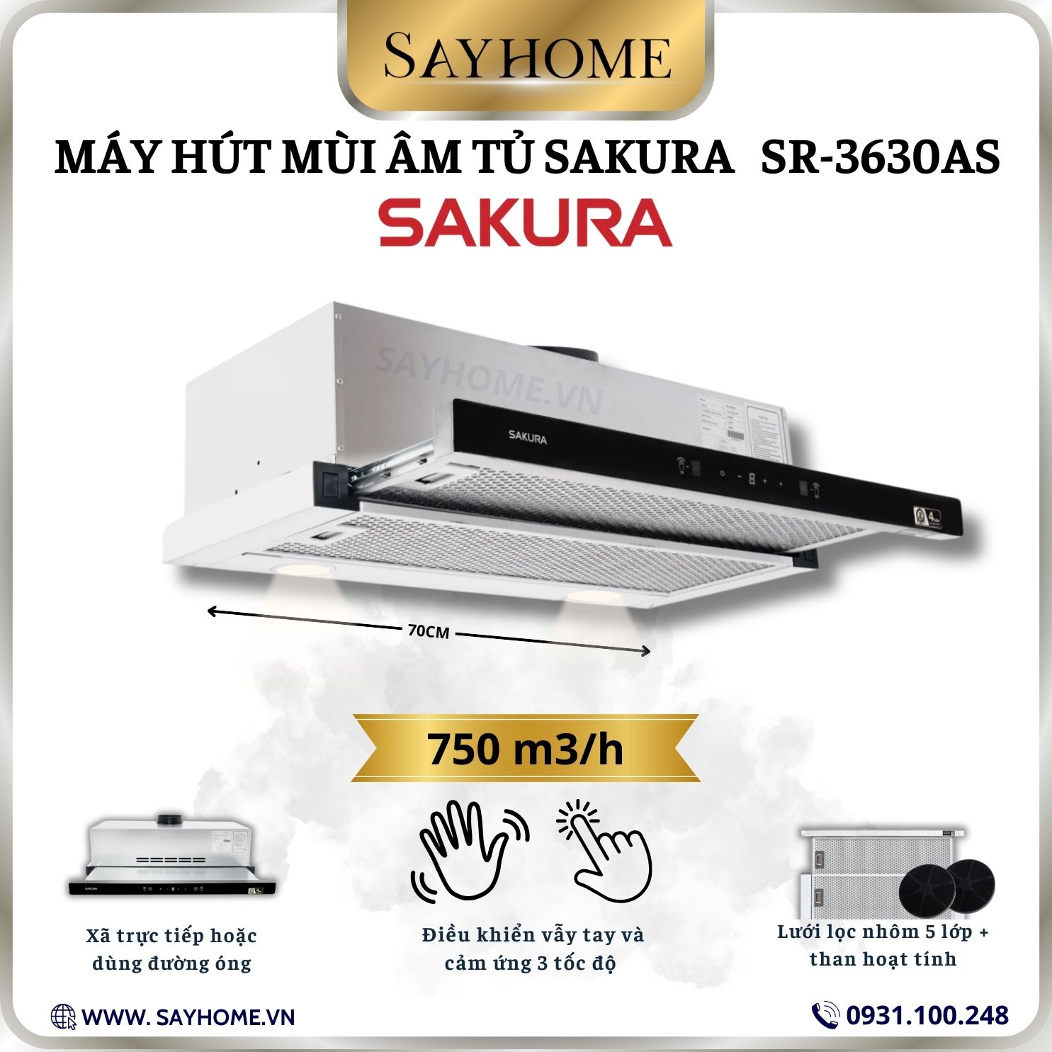 Máy hút mùi âm tủ ray khéo SAKURA SR-3630AS tại thành phố Hồ Chí Minh