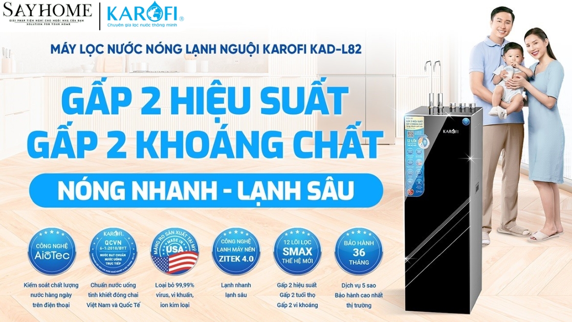 MÁY LỌC NƯỚC NÓNG LẠNH 12 LÕI LỌC KAROFI KAD-L82-sayhome