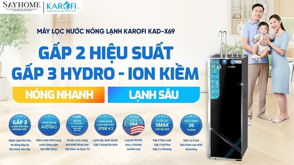 MÁY LỌC NƯỚC NÓNG LẠNH 12 LÕI LỌC KAROFI KAD-X69-sayhome