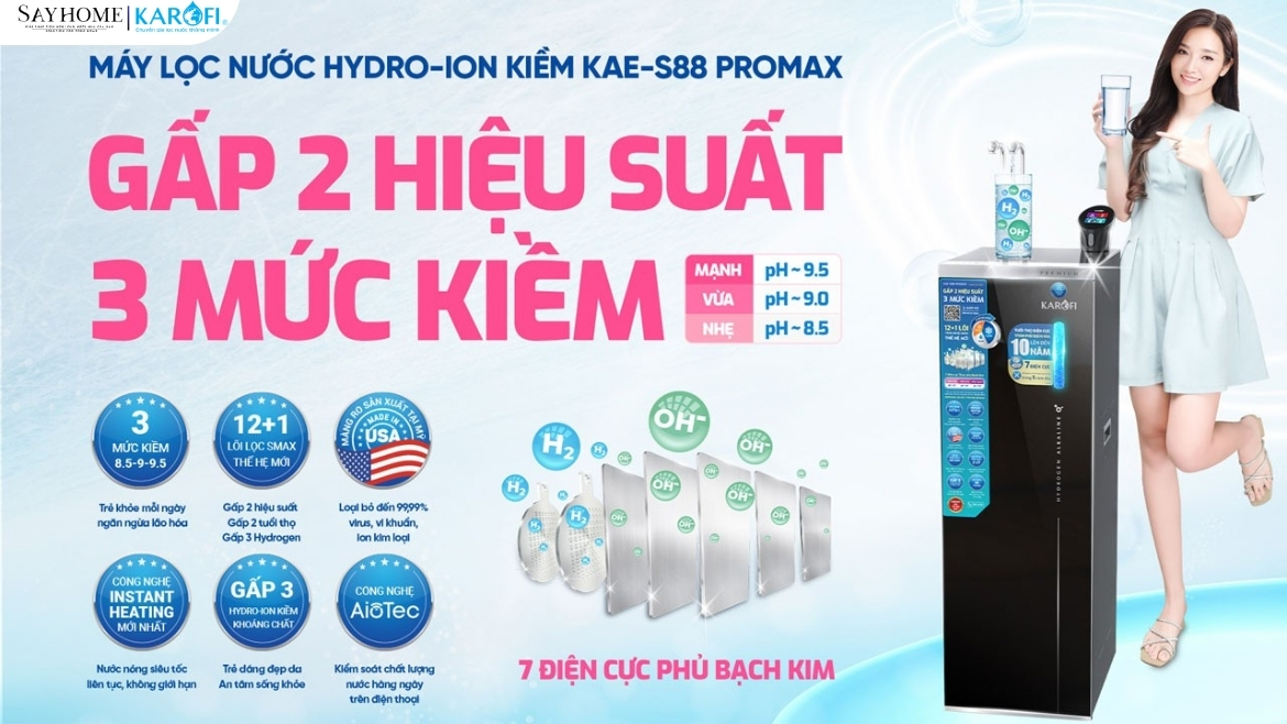 Máy lọc nước nóng lạnh Hydro-ion kiềm 13 lõi lọc Karofi KAE-S88 PROMAX tại thành phố Hò Chí Minh
