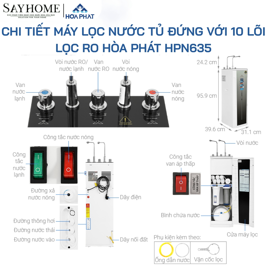 MÁY LỌC NƯỚC NÓNG LẠNH TỦ ĐỨNG VỚI 10 LÕI LỌC RO HÒA PHÁT HPN635 sayhome