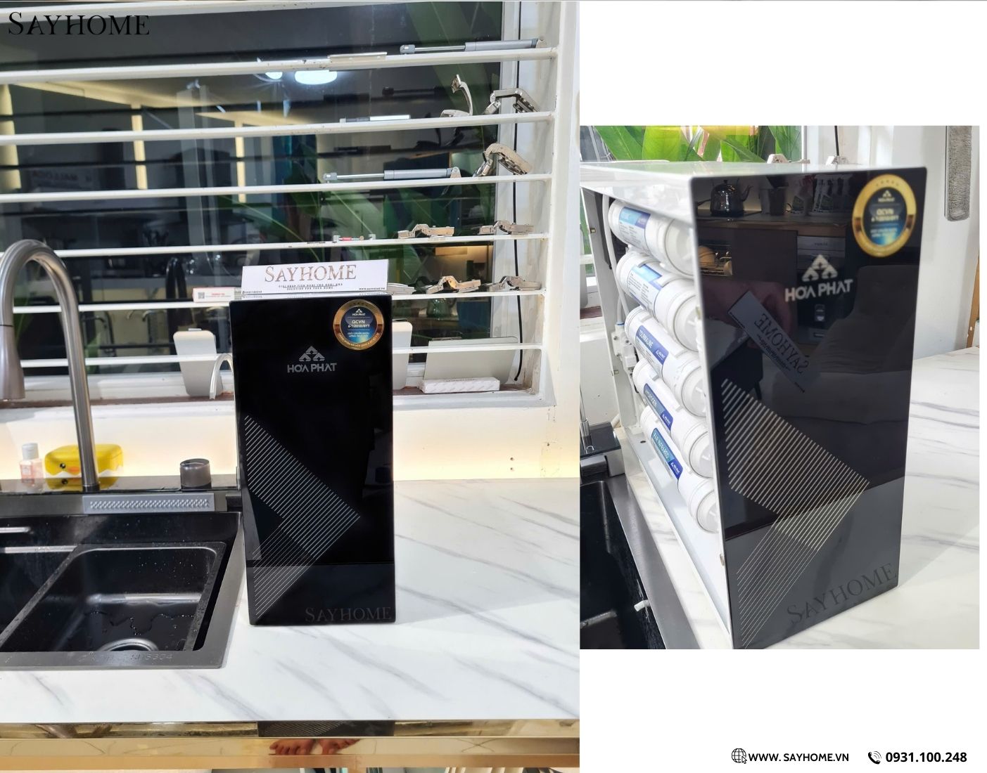 ảnh thực tế đặt trên bàn Máy lọc nước RO để gầm Hoà Phát HPU488 với 11 lõi lọc cao cấp SAYHOME