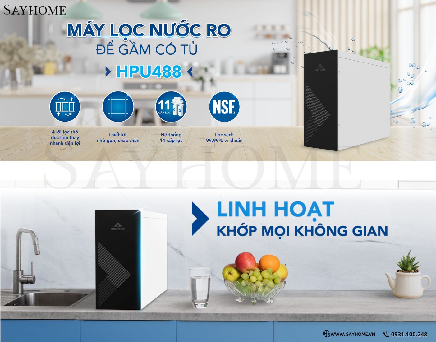 ảnh nthực tế đặt trên bàn Máy lọc nước RO để gầm Hoà Phát HPU488 với 11 lõi lọc cao cấp SAYHOME
