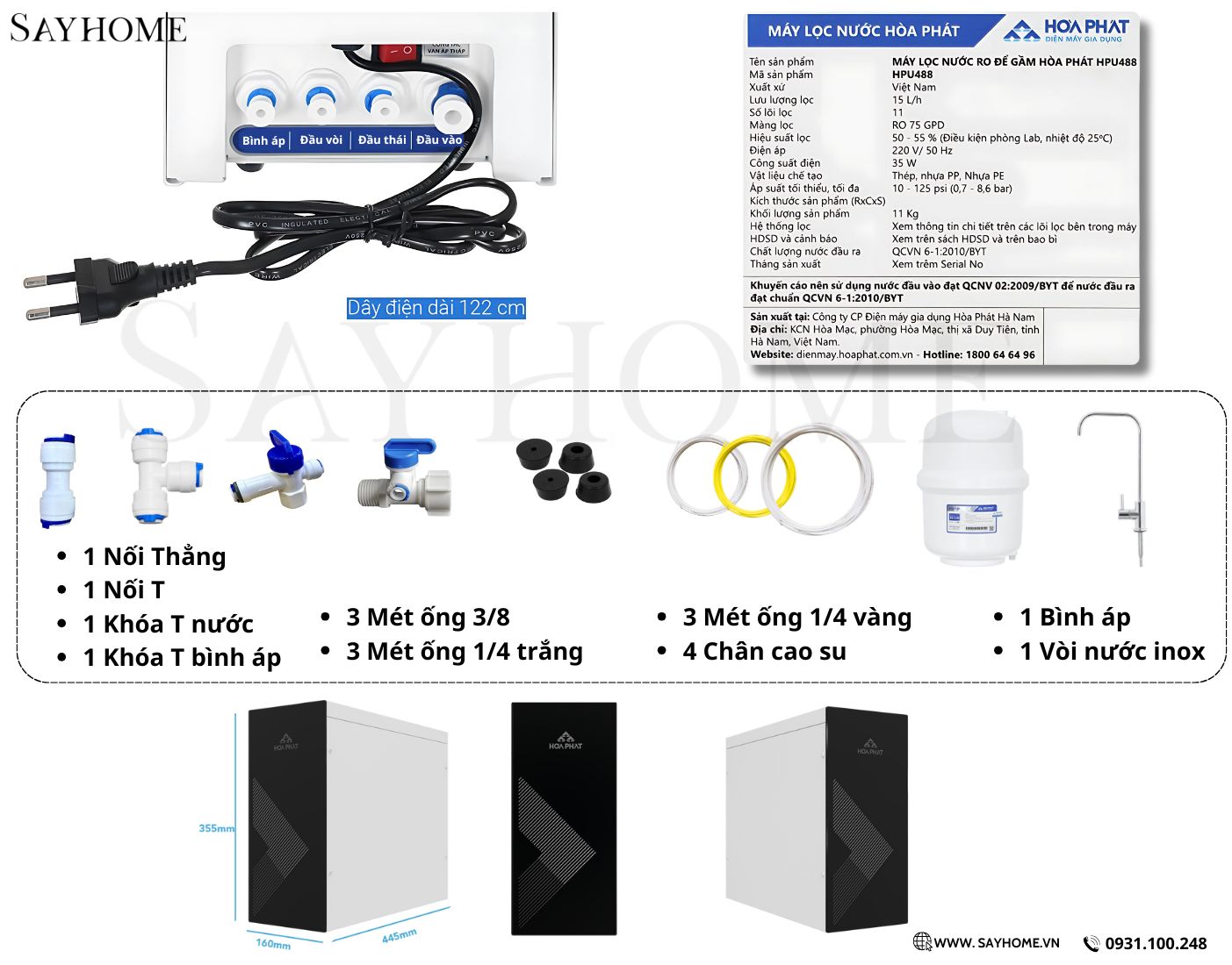 thông số kỹ thuật và phụ kiện di kèm bên trong Máy lọc nước RO để gầm Hoà Phát HPU488 với 11 lõi lọc cao cấp SAYHOME