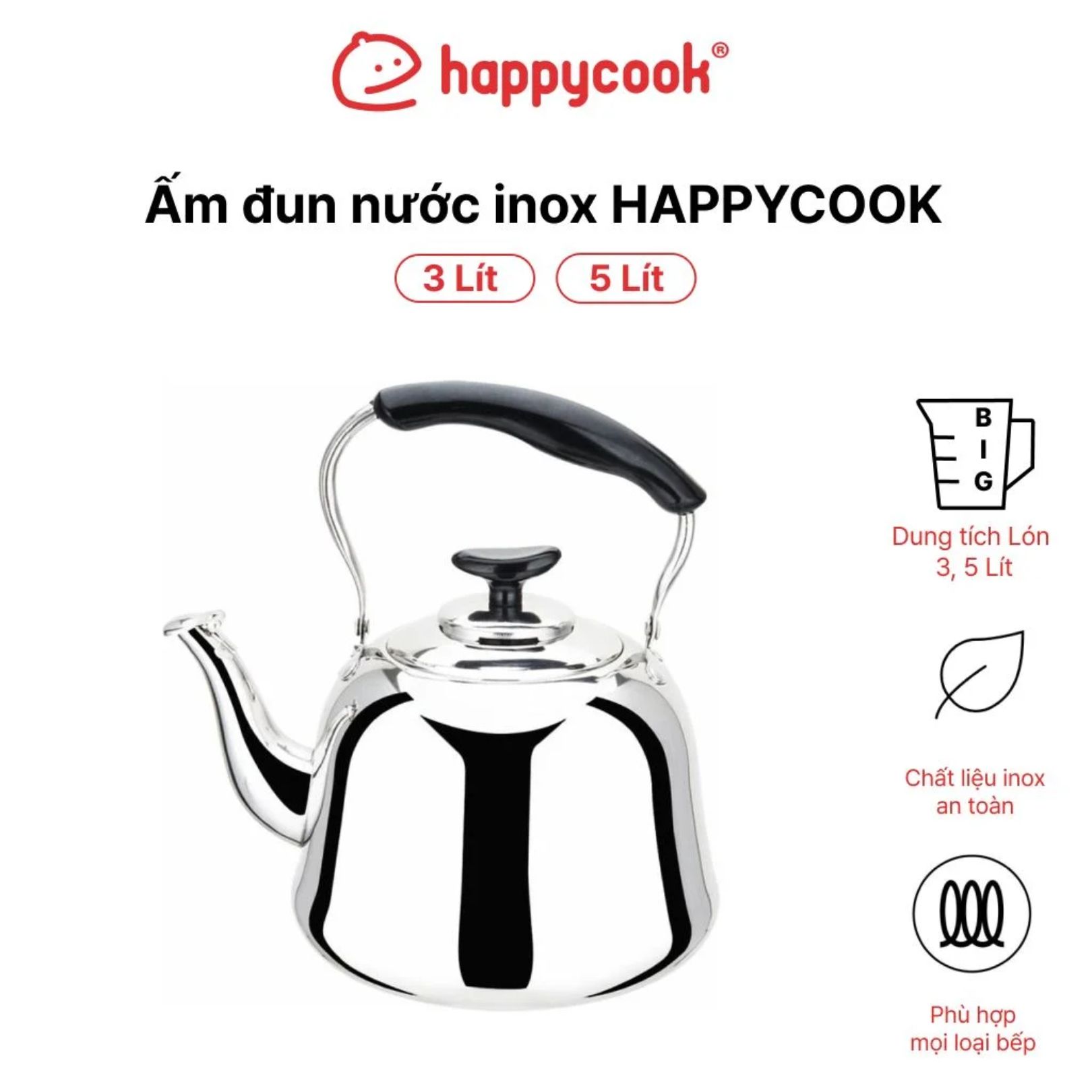 Ấm đun nước inox 3L, 5L HappyCook