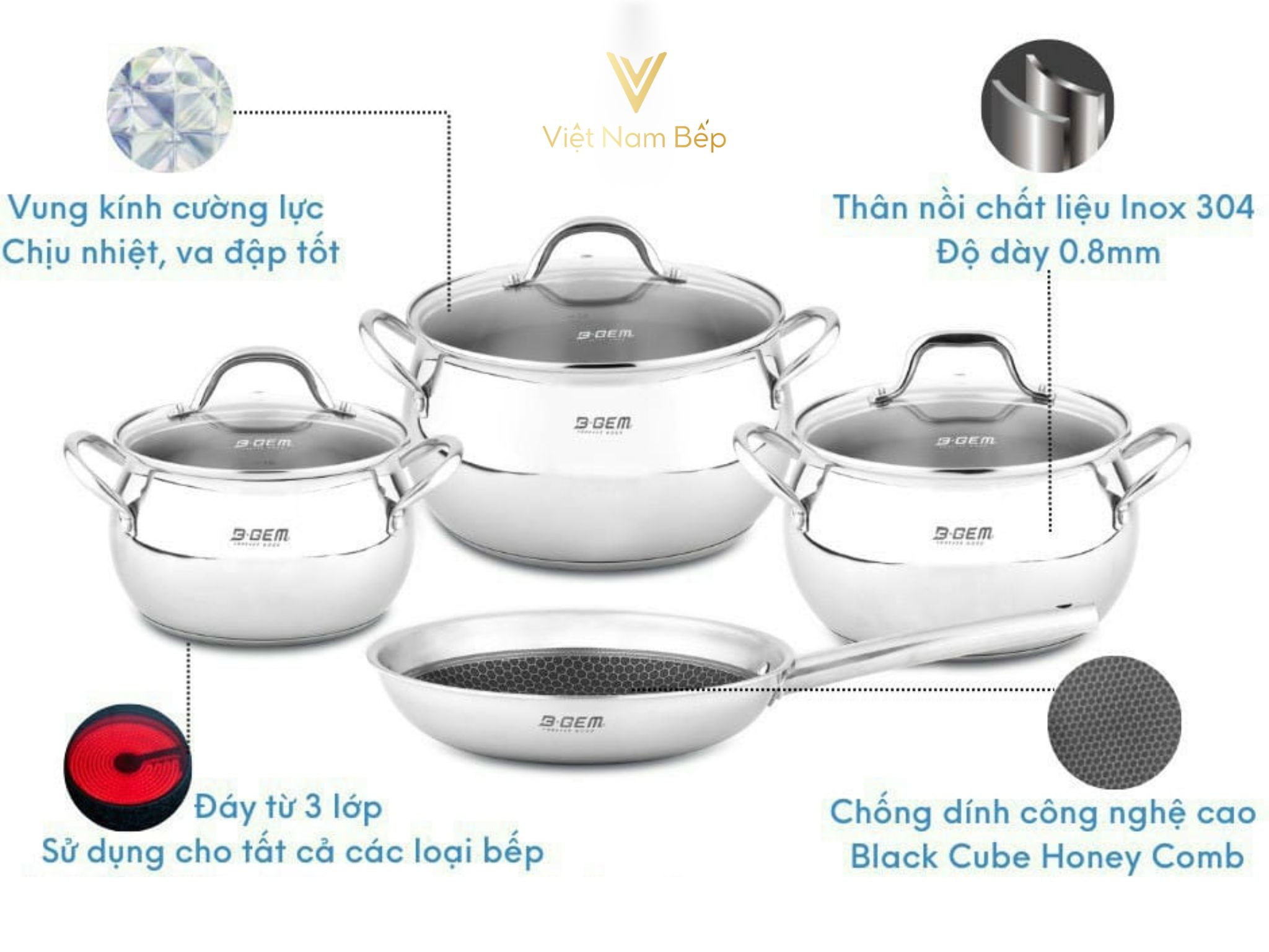 Bộ nồi B-Gem Belly BG-988 ARIC Inox304 cao cấp kèm chảo chống dính kim cương tại thành phố Hồ Chí Minh
