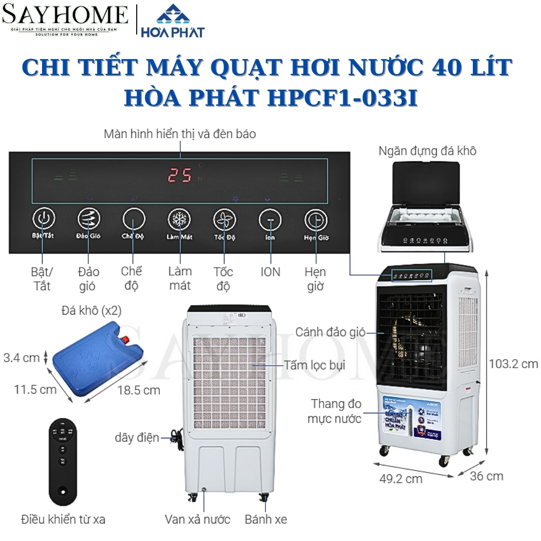 Quạt hơi nước Hòa Phát 40 Lít Cảm ứng và remote HPCF1-033I tại Tân bình
