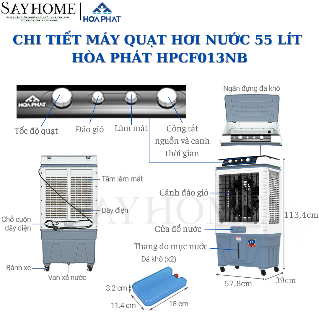 Quạt điều hòa hơi nước Hoà Phát 55 Lít Phím cơ HPCF013NB tại thành phố Hồ Chí Minh