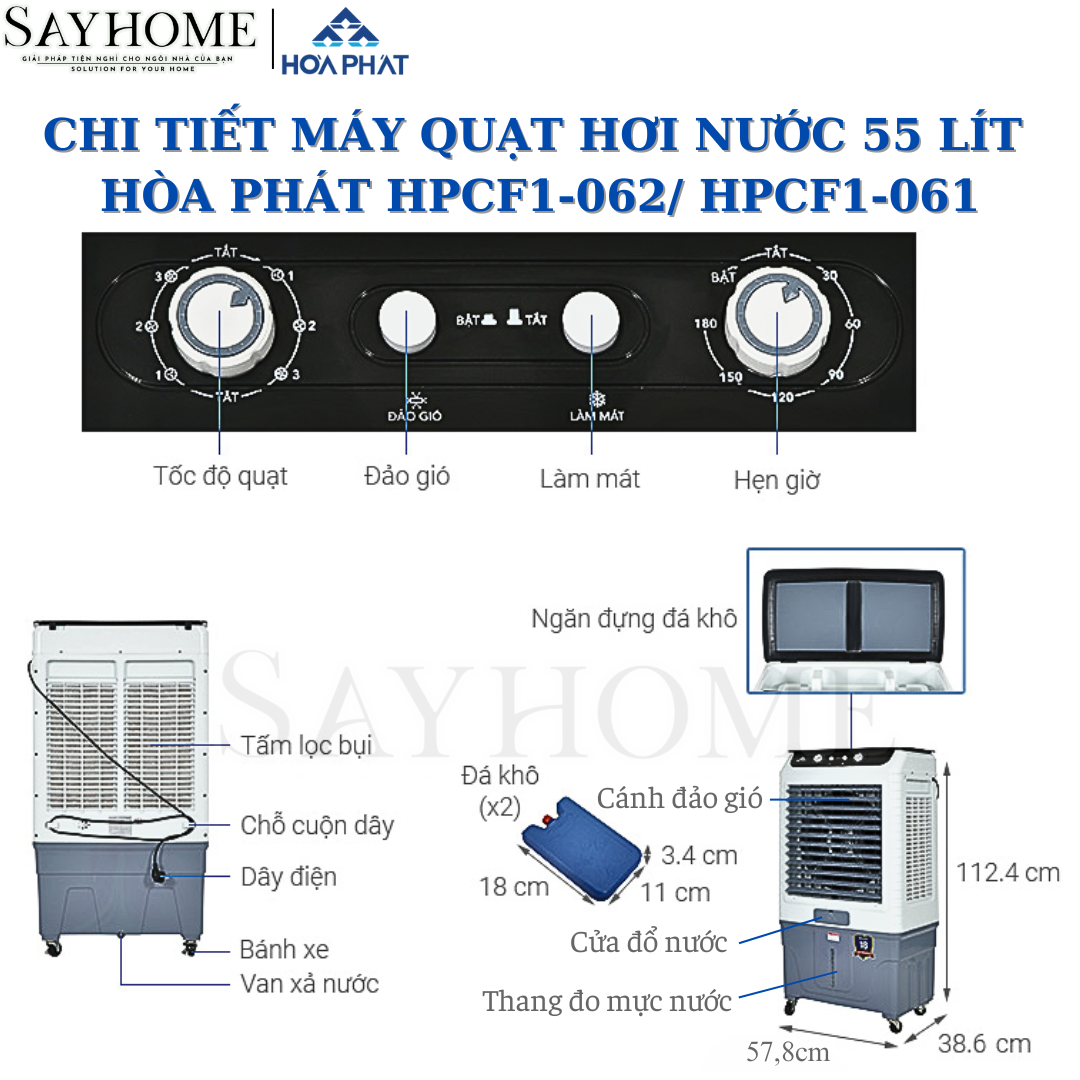 Quạt hơi nước Hoà Phát 55 Lít Phím cơ HPCF1-062 / 061 tại Tân bình