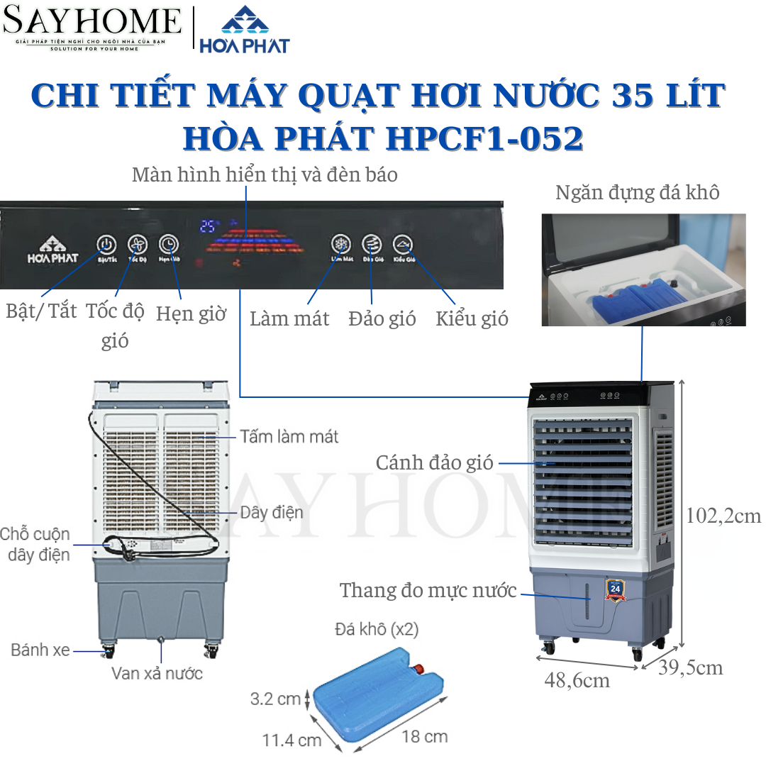 Quạt hơi nước 35 Lít Hòa Phát HPCF1-052 / HPCF1-051 Phím cảm ứng tại thành phố Hồ Chí Minh