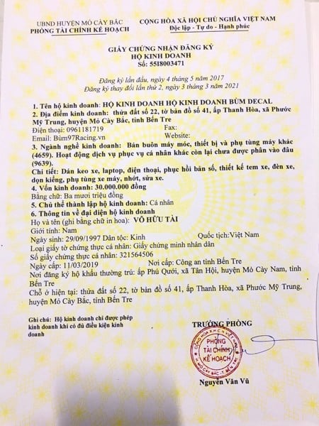 Mẫu giấy phép kinh doanh tiệm sửa xe máy