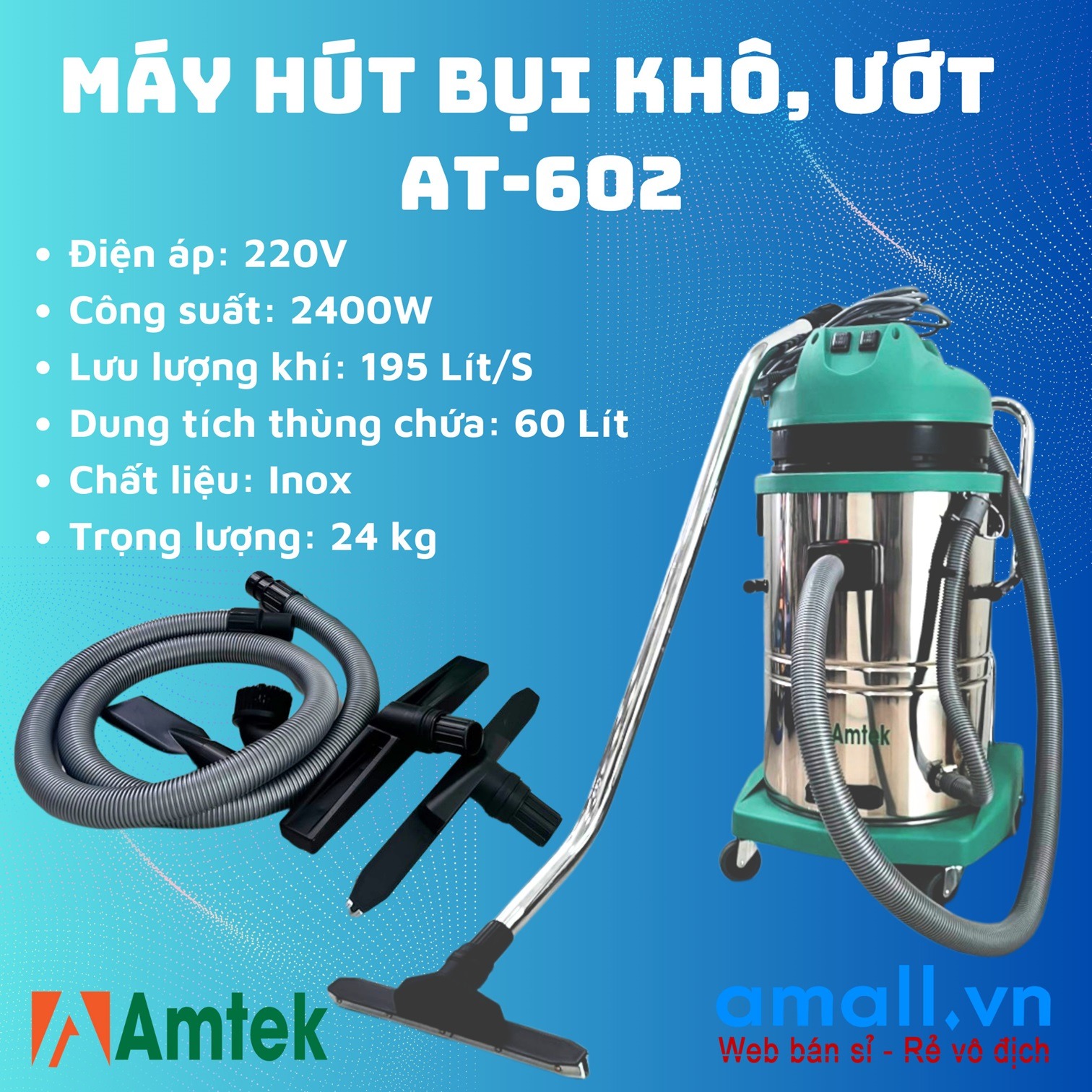 Máy hút bụi công nghiệp khô và ướt Amtek AT-602 ( 60L 2 Motor )