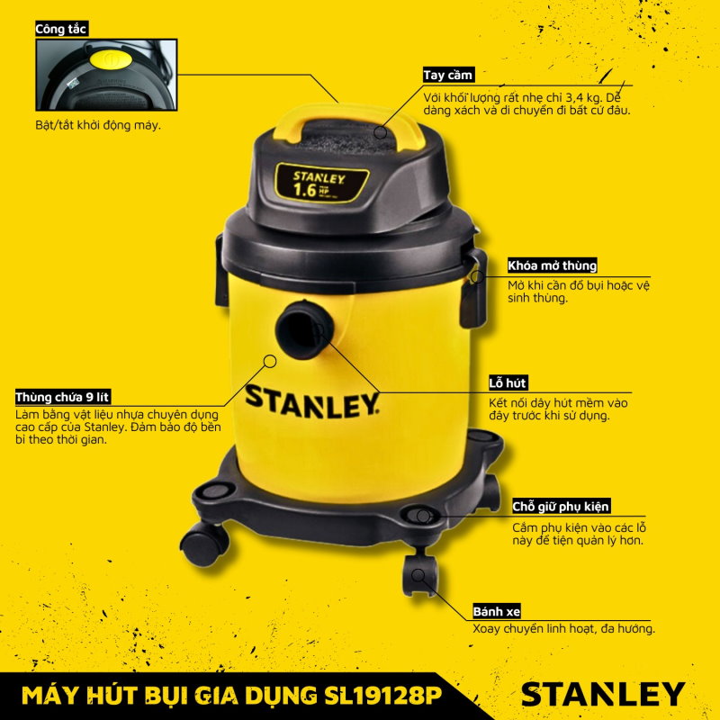 Thiết kế máy hút bụi gia dụng - Khô/Ướt - Hiệu Stanley USA - SL19128P