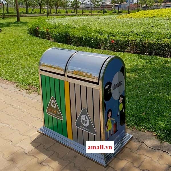 Thùng Rác Phân Loại Inox 2 Ngăn