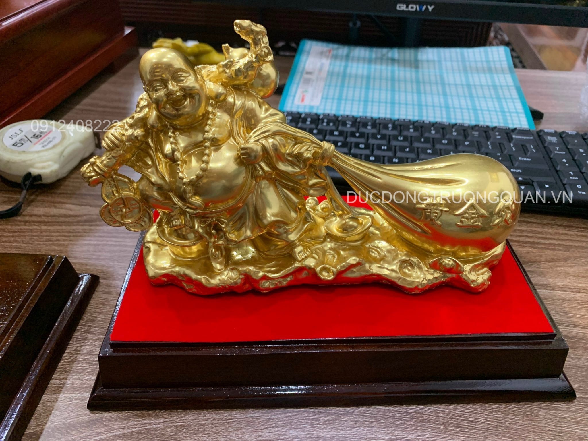 TƯỢNG PHẬT DI LẠC KÉO TIỀN BẰNG ĐỒNG  DÁT VÀNG 24K