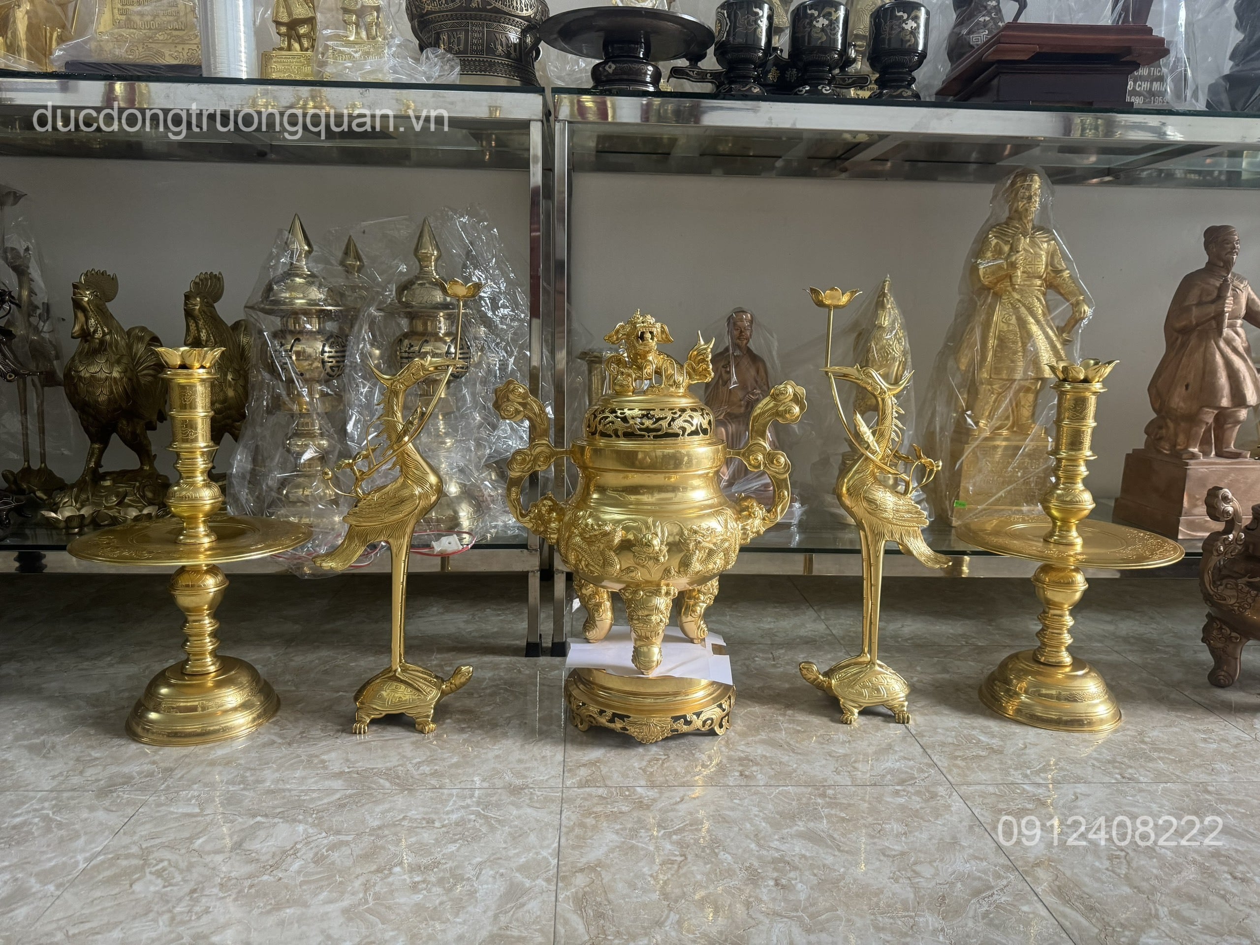 BỘ NGŨ SỰ SONG LONG CHẦU NGUYỆT DÁT VÀNG 9999 CAO 60C