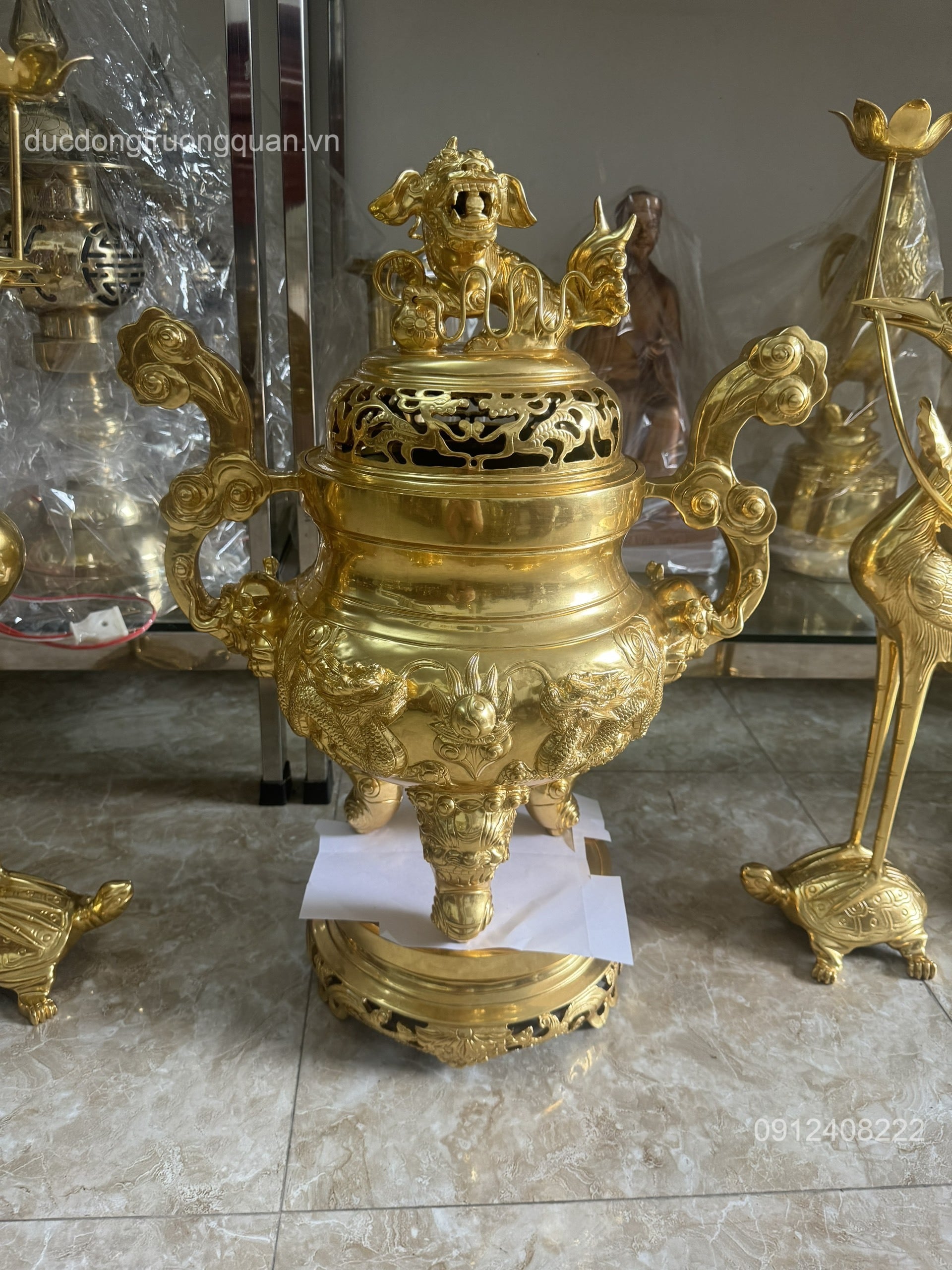 BỘ NGŨ SỰ SONG LONG CHẦU NGUYỆT DÁT VÀNG 9999 CAO 60C