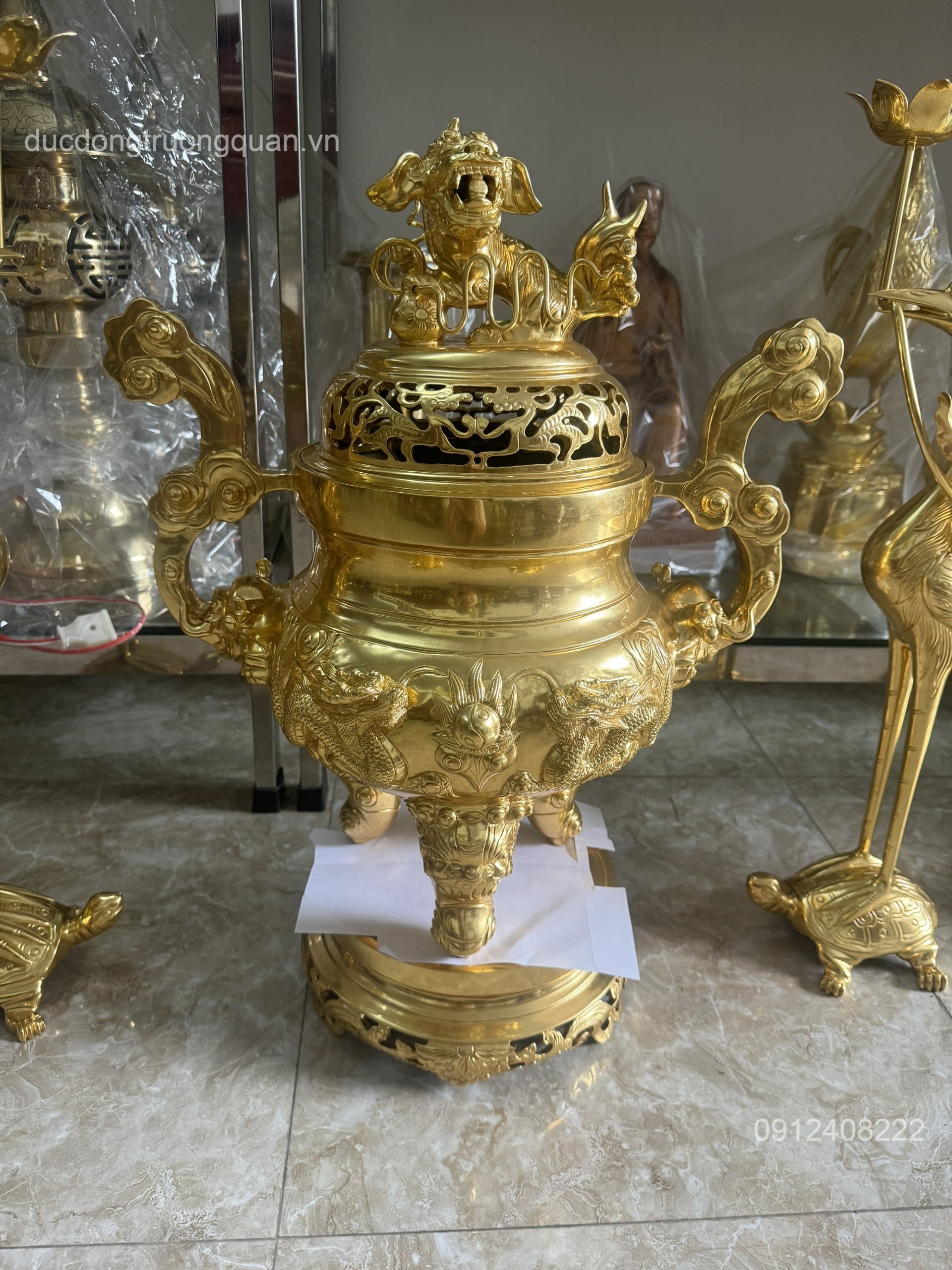 BỘ NGŨ SỰ SONG LONG CHẦU NGUYỆT DÁT VÀNG 9999 CAO 60C