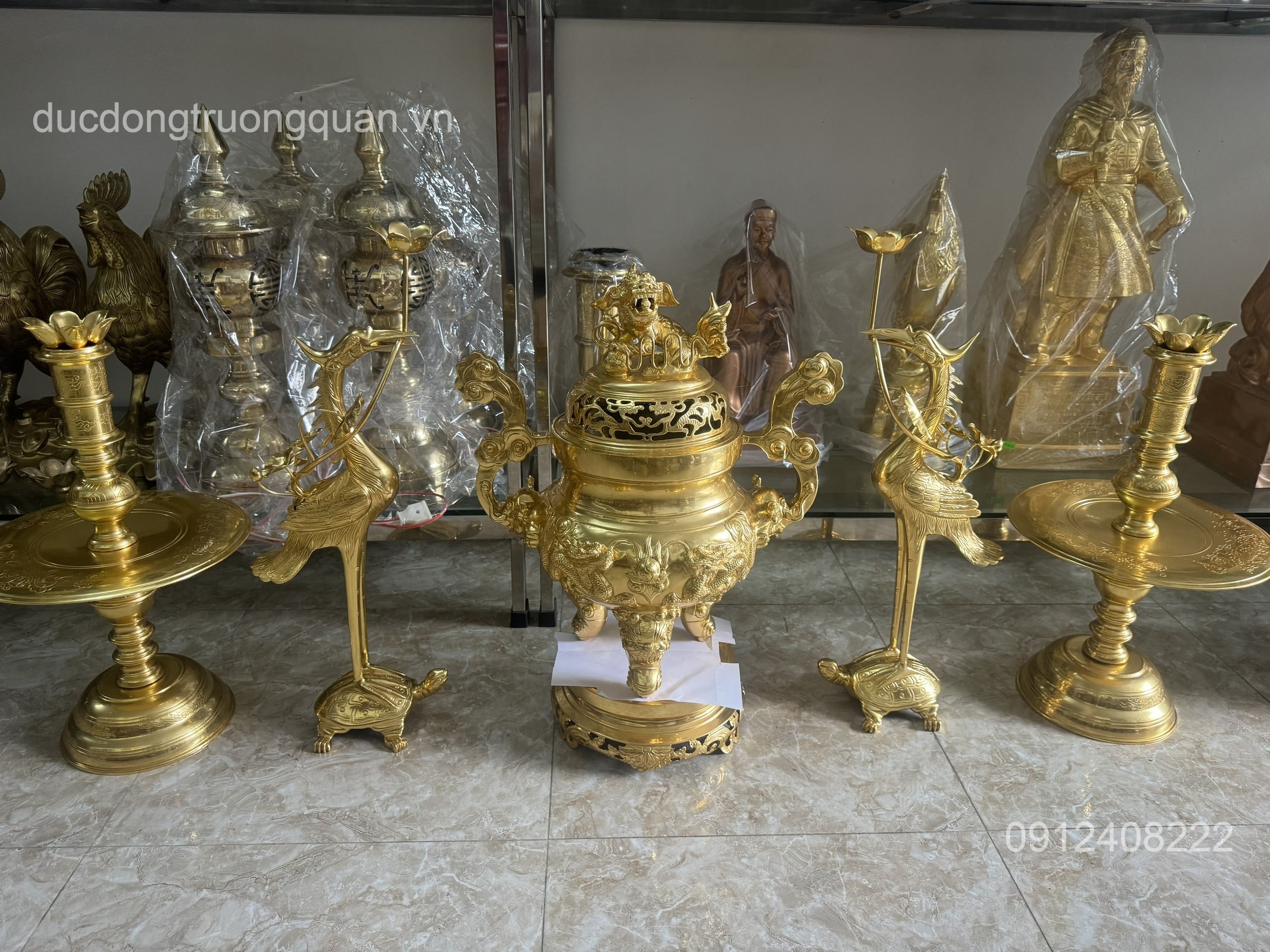 BỘ NGŨ SỰ SONG LONG CHẦU NGUYỆT DÁT VÀNG 9999 CAO 60C