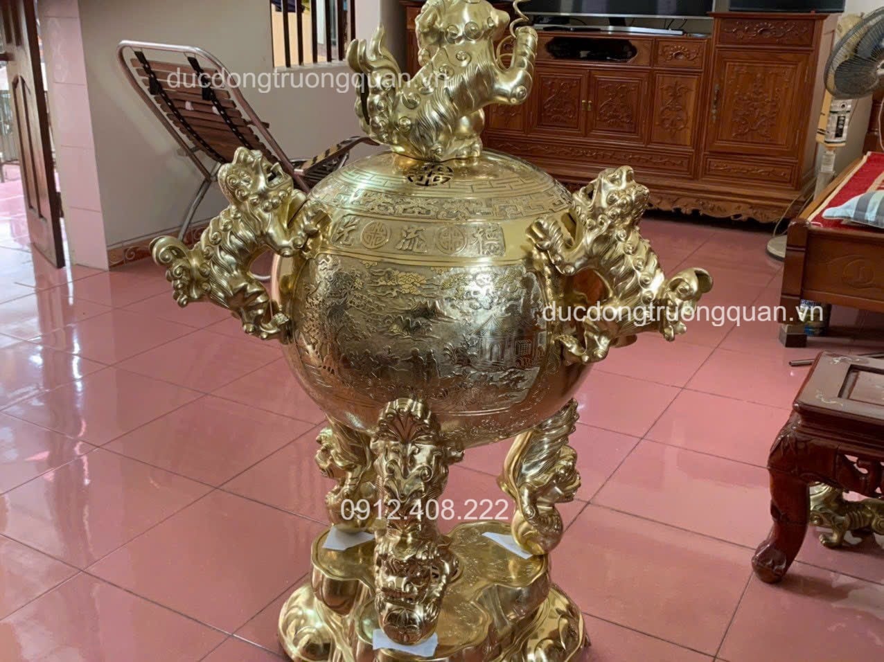 Đỉnh Thất Lân Vờn Cầu Đồng Vàng Cattut Cao 117cm