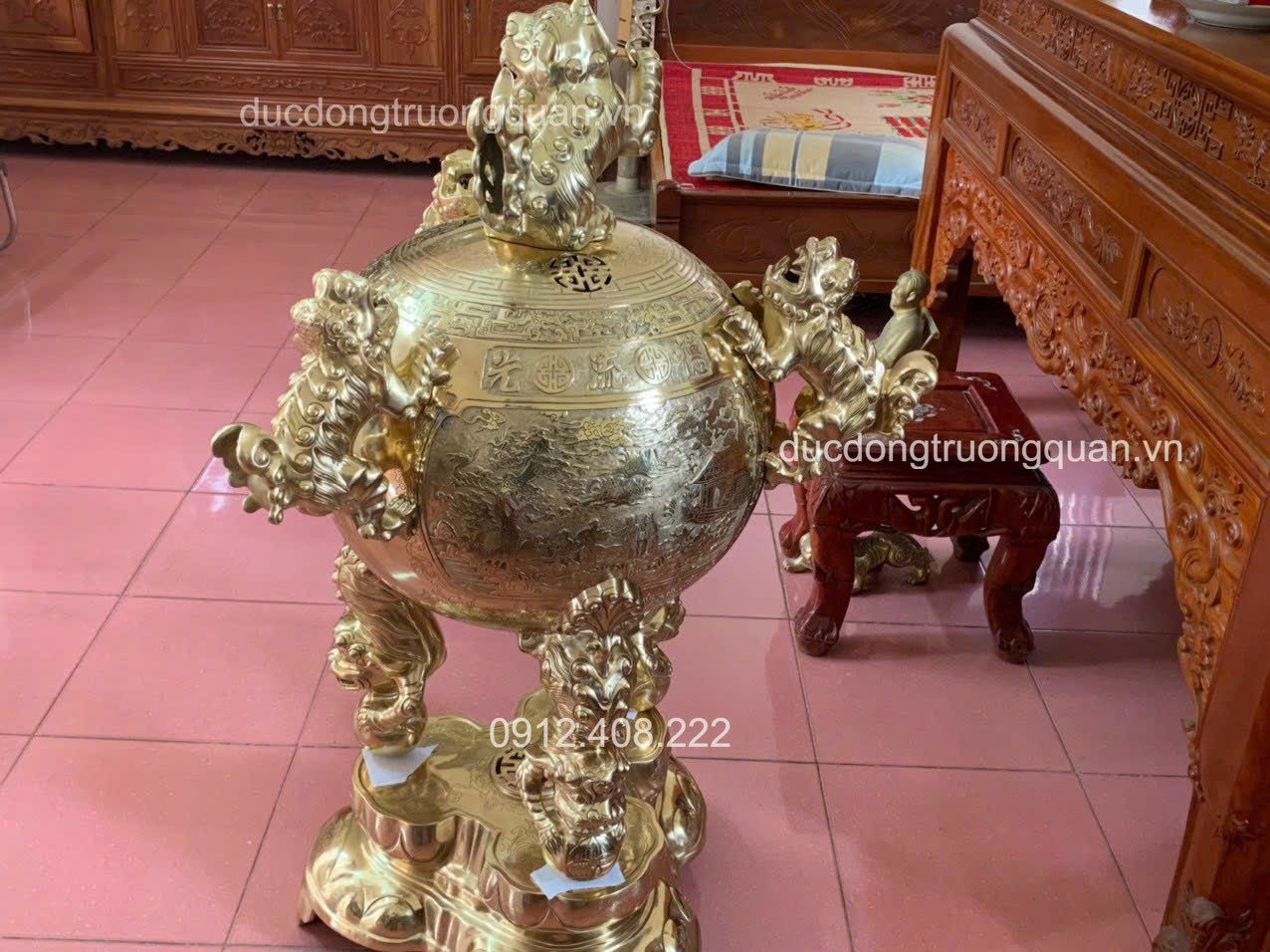 Đỉnh Thất Lân Vờn Cầu Đồng Vàng Cattut Cao 117cm
