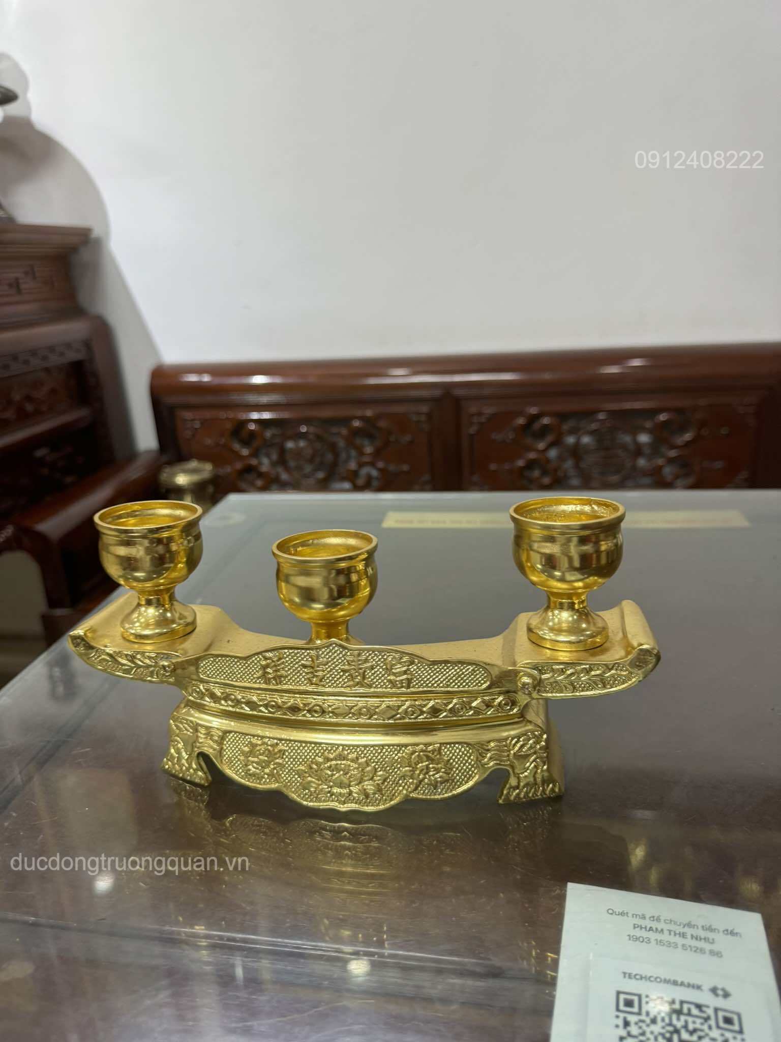 BỘ NGAI CHÉN 3 BẰNG ĐỒNG DÁT VÀNG 18K