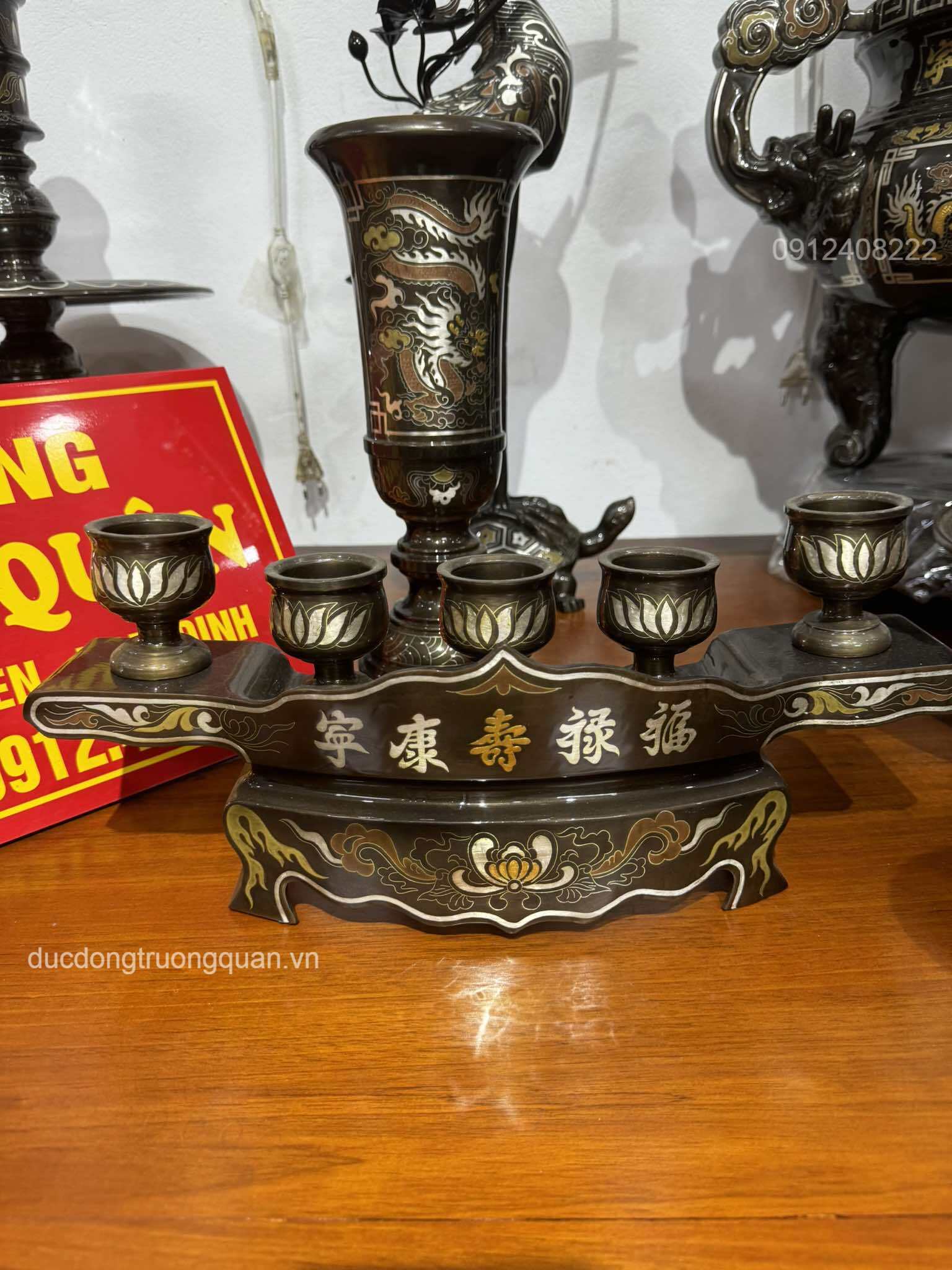 BỘ NGAI 5 CHÉN THỜ CÚNG BẰNG ĐỒNG KHẢM NGŨ SẮC TUYỆT ĐẸP