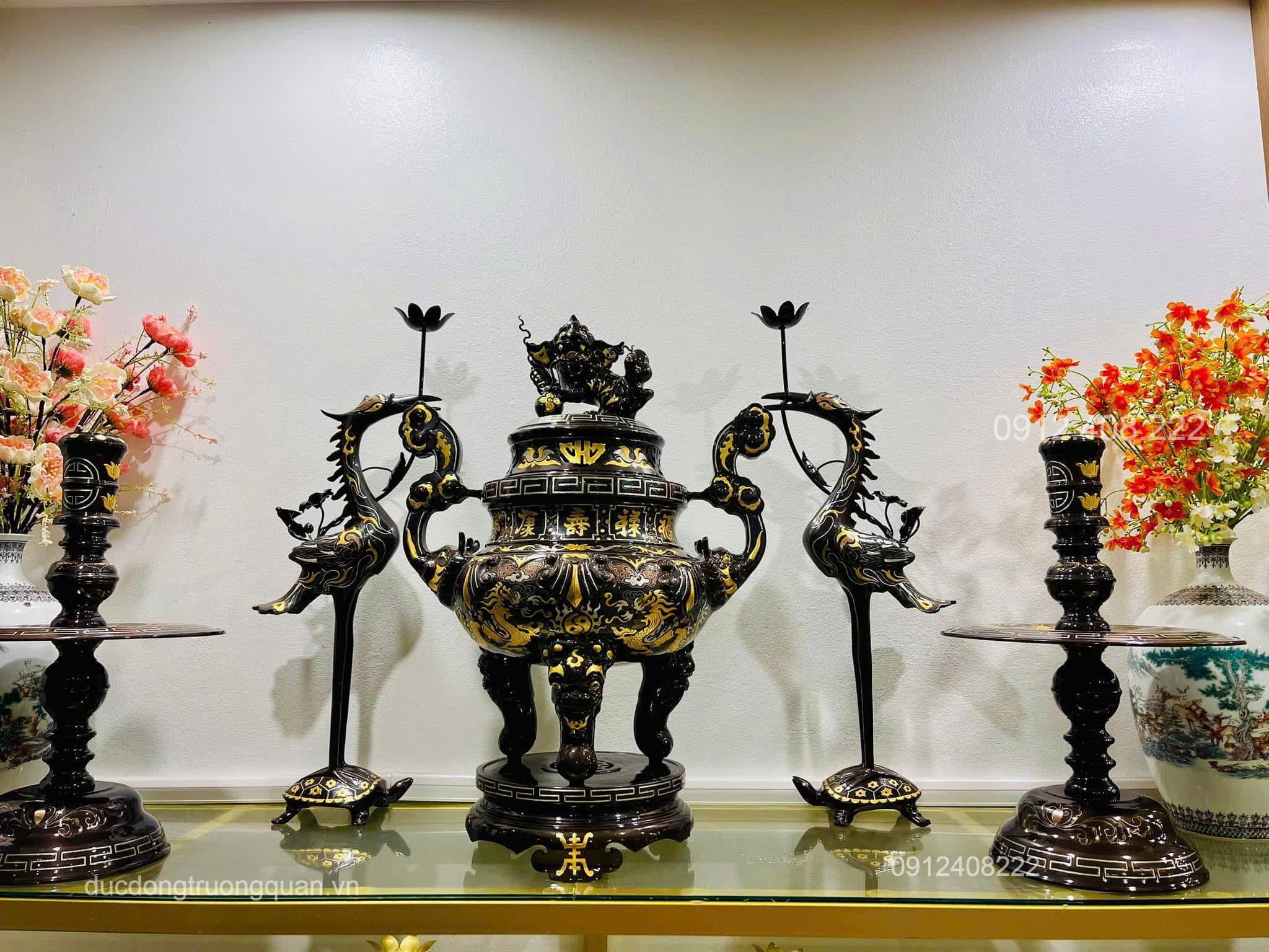 BỘ ĐỈNH ĐỒNG HOA SÒI KHẢM TAM KHÍ  CAO 60CM