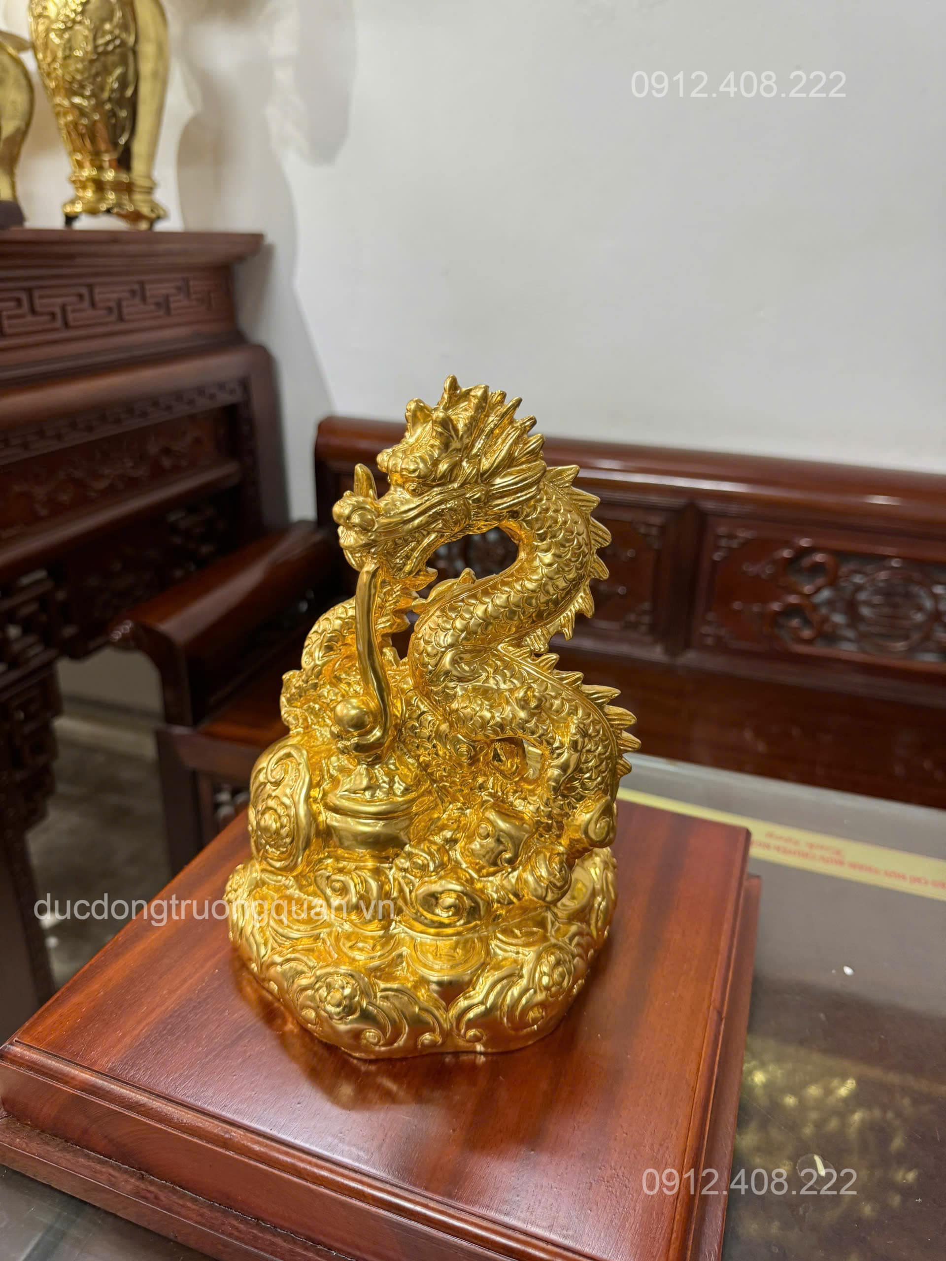 TƯỢNG RỒNG VÀNG BẰNG ĐỒNG DÁT VÀNG 9999- VẬT PHẨM PHONG THỦY TÀI LỘC
