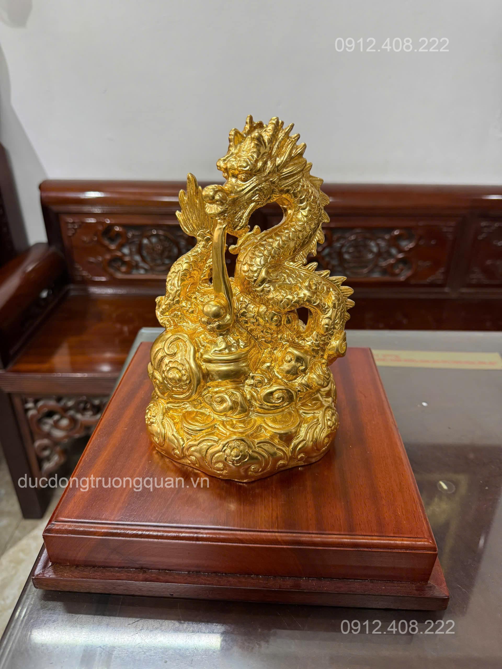 TƯỢNG RỒNG VÀNG BẰNG ĐỒNG DÁT VÀNG 9999- VẬT PHẨM PHONG THỦY TÀI LỘC
