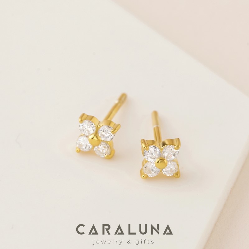 Khuyên Tai Bạc 925 Dáng Nụ Hình Hoa 4 Cánh Đính Đá Tiny Stud