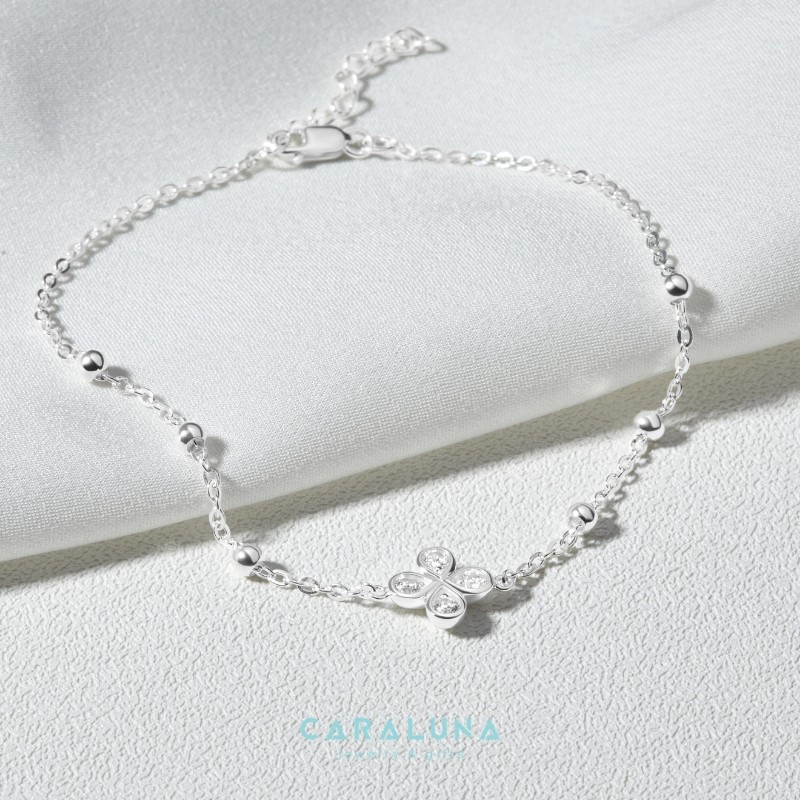 Lắc Chân Bạc Cỏ 4 Lá Đính Đá - 4 Leaf Clover