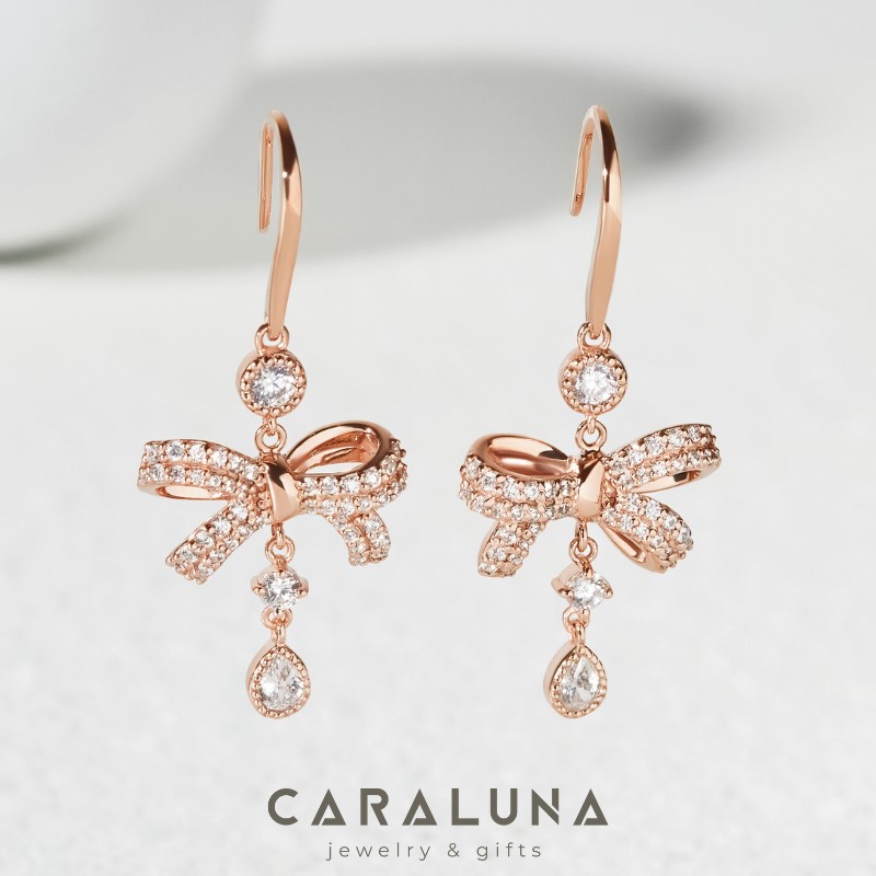 Hoa Tai Thả Bạc 925 Hình Nơ Thắt Đính Đá Treo Stone Bow Winter Snow